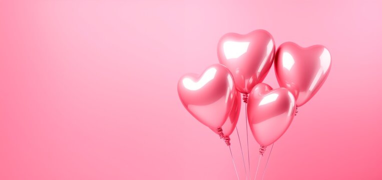 metallic pink heart shaped helium balloons on pink background. Valentine's Day or wedding party decoration. love concept. Copy space for text