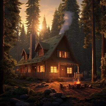 A cozy cabin in the woods with smoke rising from the chimney, generative AI