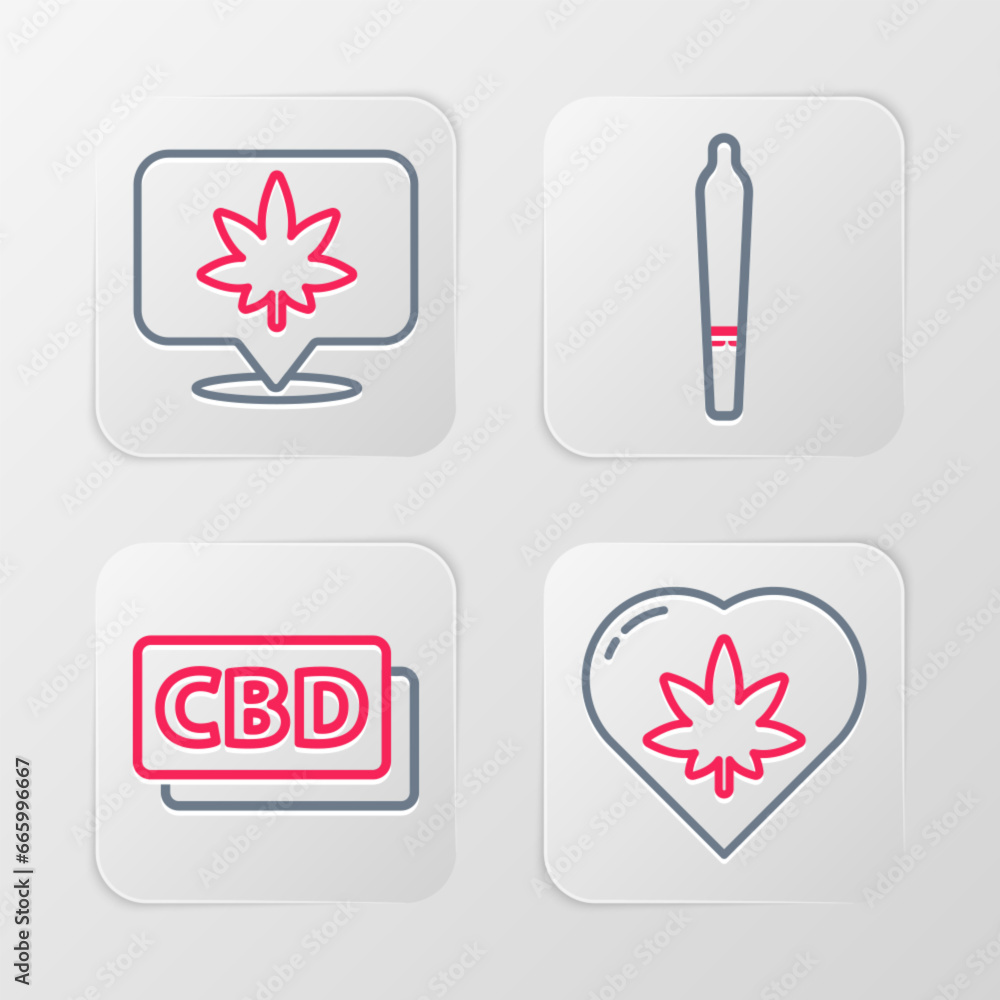 Sticker set line marijuana leaf in heart, cannabis molecule, joint and location and cannabis icon. vector