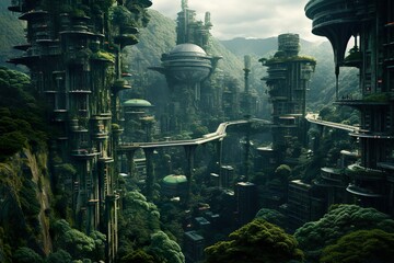 Surreal futuristic: green forest city. A sci-fi futuristic green forest city, environmental protection and the future