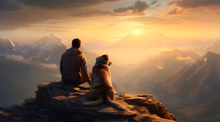 man and his dog travel sitting on a mountain top at sunset with golden sunlight