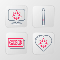 Set line Marijuana leaf in heart, Cannabis molecule, joint and Location and cannabis icon. Vector