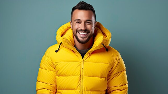 A fictional young man in a yellow jacket stands on a blue background.