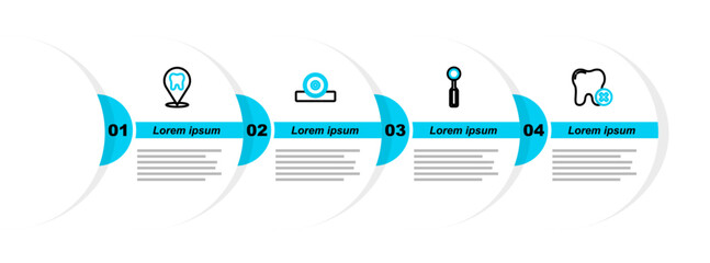Set line Tooth with caries, Dental inspection mirror, Otolaryngological head reflector and clinic location icon. Vector