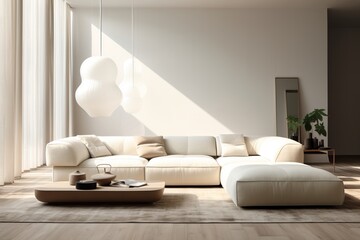 Cozy modern luxurious interior design of a living room with a white fluffy poliform sofa, tall ceiling, off-white cream colored textiles - obrazy, fototapety, plakaty