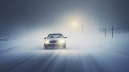 Fototapeta premium On a winter night, with the snow whipping by, a vehicle crept forward with dimmed headlights, limited by a lack of visibility.