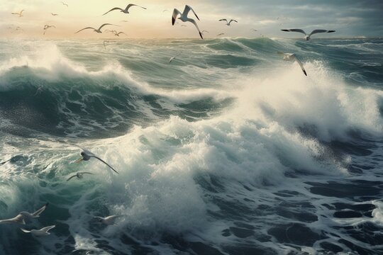 A picture of ocean waves with seagulls flying. Generative AI