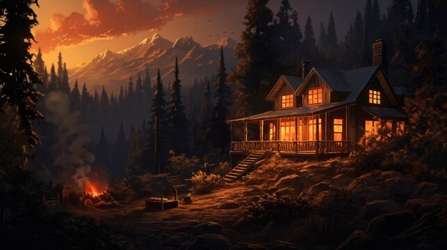 A cozy cabin in the woods with smoke rising from the chimney, generative AI