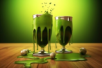 Two cartoon pints of green beer dripping for St. Patty's Day. Generative AI