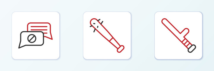 Set line Police rubber baton, Speech bubble chat and Baseball with nails icon. Vector