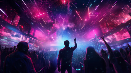 Crowd of dancing people at new year with firework