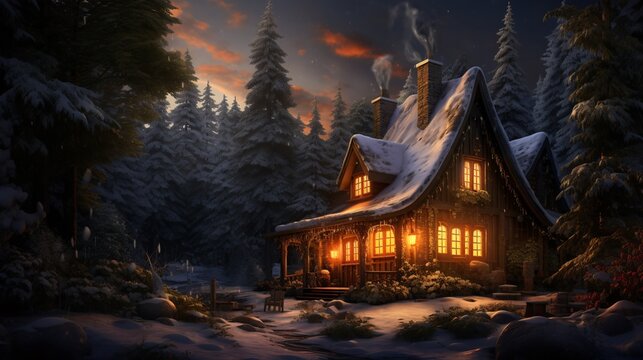 A cozy cabin in the woods with smoke rising from the chimney, generative AI