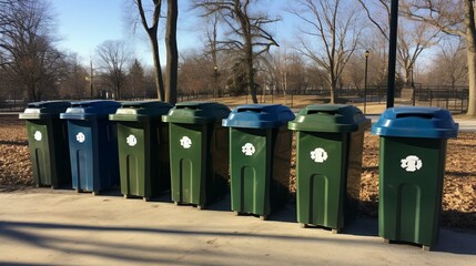 A shot of a row of recycling bins in a well - maintained city park.