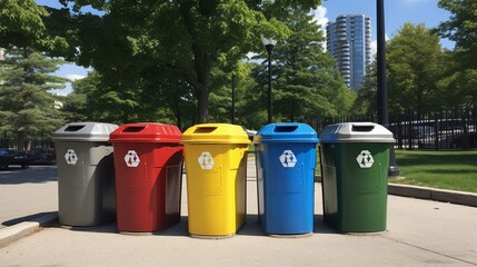 A shot of a row of recycling bins in a well - maintained city park.