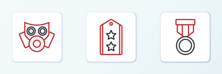 Set line Military reward medal, Gas mask and rank icon. Vector