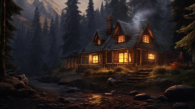 A cozy cabin in the woods with smoke rising from the chimney, generative AI