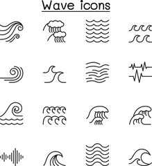 Wave icon set in thin line style, editable stroke