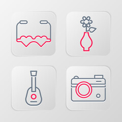 Set line Photo camera, Guitar, Flower in vase and Heart shaped love glasses icon. Vector