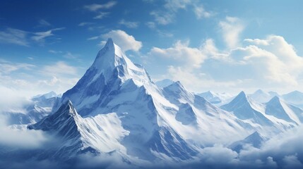 Snowy mountain peak towering above the clouds, its pristine white slopes contrasting against the deep blue sky - obrazy, fototapety, plakaty