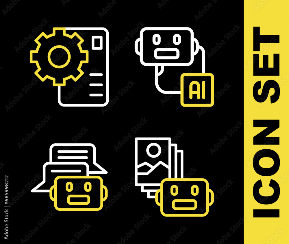 Poster set line artificial intelligence robot, chat and neural network icon. vector