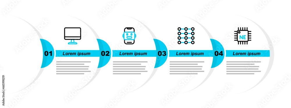 Poster set line processor cpu, neural network, chat bot and computer monitor icon. vector