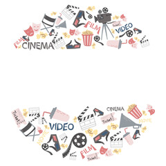 Vector illustration of round frame with movie cinema attributes equipment isolated on white and copy-space in the middle. World cinema day,cinemas,design,card,poster concept.  Camera, popcorn, ticket