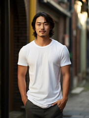 A mockup of an Asian male model wearing a white T-shirt, outdoor background