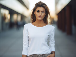 A mockup of a young female model wearing a long-sleeved white T-shirt, outdoor background