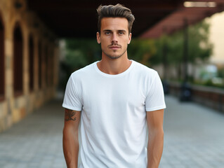 A mockup of An male model wearing a white T-shirt, outdoor background