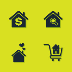 Set House with dollar, Shopping cart house, heart shape and Search icon. Vector