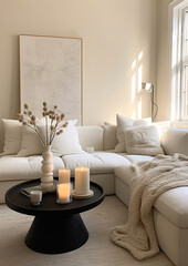Modern, minimal and elegant white bohemian living room with tones neutrals