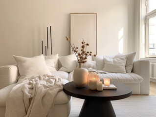 Modern, minimal and elegant white bohemian living room with tones neutrals