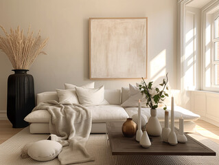 Modern, minimal and elegant white bohemian living room with tones neutrals