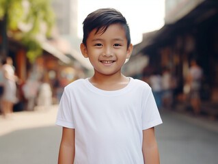 A mockup of An Asian little boy wearing a white T-shirt, outdoor background - obrazy, fototapety, plakaty