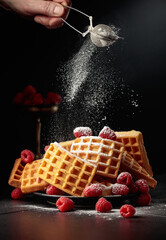 Belgian waffles with raspberries sprinkled with powdered sugar.