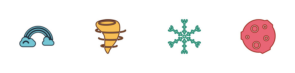 Set Rainbow with clouds, Tornado, Snowflake and Moon icon. Vector