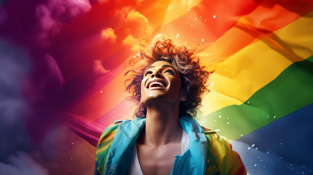 A Queer Pride Young Woman In LGBTQ Rainbow Color Flag