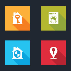 Set House with key, Washer, under protection and Location icon. Vector