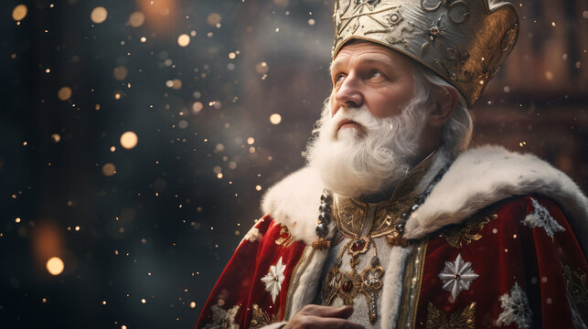 A St. Nicholas in the snow with a red coat