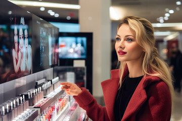 A woman in a cosmetics store chooses makeup products. - 665999405