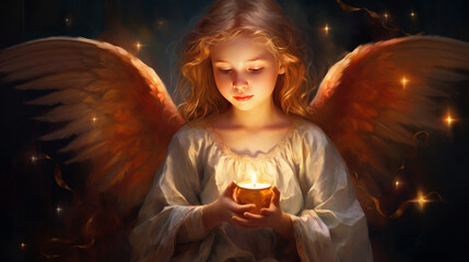 Painting of an angel holding a golden candle, generated with ai.