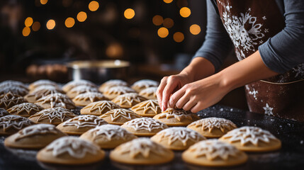 A female's hands snip star-shaped gingerbread cookies from a flattened dough. - Powered by Adobe