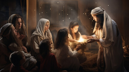Obraz premium Nativity scene with jesus brings sacred gift