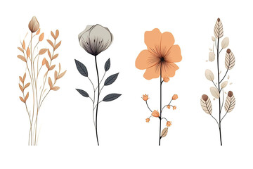 Set of floral elements. Romantic flower collection with flowers, twigs, leaves, herbs and berries. Vector design isolated on white background