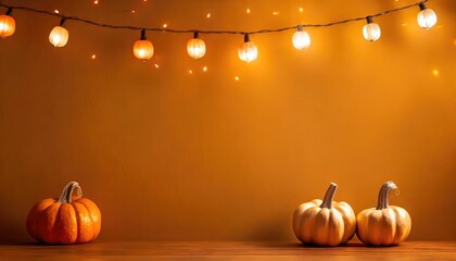 Charme d'automne : citrouille à chapeau et guirlande lumineuse pour Halloween - obrazy, fototapety, plakaty