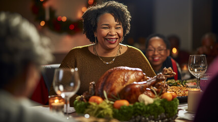 An ecstatic, elderly African American female carried a plump roast turkey to the dining table for the Thanksgiving meal with her family. - obrazy, fototapety, plakaty