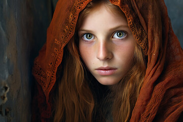 Portrait of a beautiful red-haired girl in an orange scarf