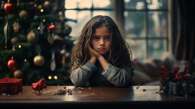 Winter depression showing a sad child in Christmas setting. Generated with ai.