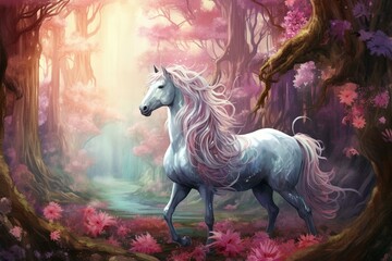 Regal unicorn in a magical woods. Generative AI