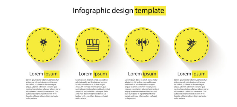 Set Medieval chained mace ball, Chest, poleaxe and Sword for game. Business infographic template. Vector